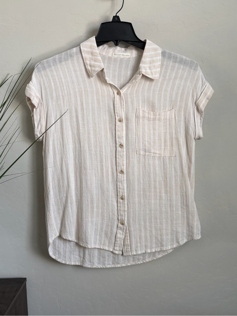 Bécool Linen Blend Striped Gauze Button Front Top Small